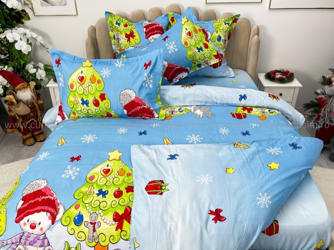 Lenjerie pat dublu, BUMBAC FINET, 6 piese, X-Mass Collection, Jojo Home, Bleu-Multicolor, brazi, jucarii