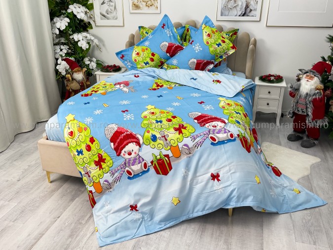 Lenjerie pat dublu, BUMBAC FINET, 6 piese, Craciun, Jojo Home, Bleu-Multicolor, brazi, jucarii