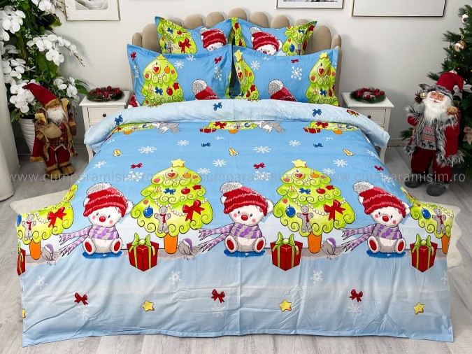 Lenjerie pat dublu, BUMBAC FINET, 6 piese, X-Mass Collection, Jojo Home, Bleu-Multicolor, brazi, jucarii