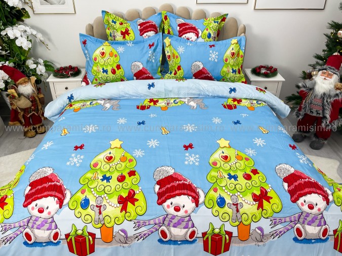 Lenjerie pat dublu, BUMBAC FINET, 6 piese, X-Mass Collection, Jojo Home, Bleu-Multicolor, brazi, jucarii