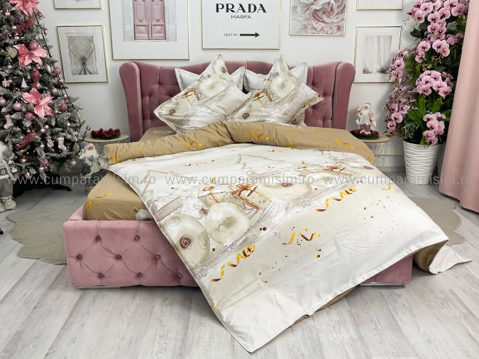 Lenjerie pat dublu, BUMBAC FINET, 6 piese, X-Mass Collection, Jojo Home, Crem-Bej, globulete