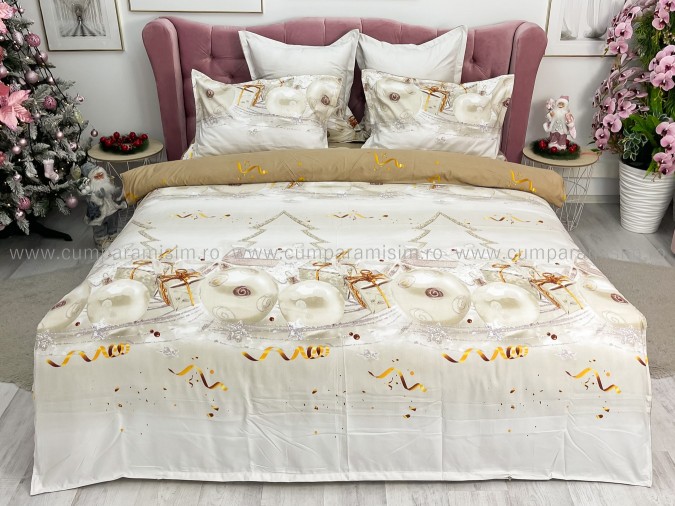 Lenjerie pat dublu, BUMBAC FINET, 6 piese, X-Mass Collection, Jojo Home, Crem-Bej, globulete