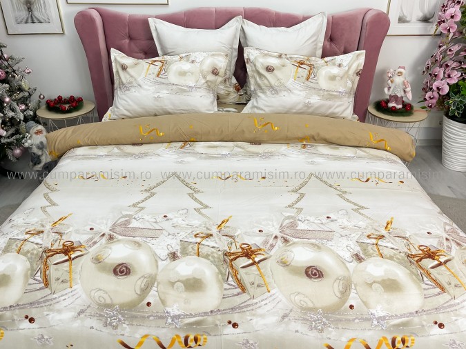 Lenjerie pat dublu, BUMBAC FINET, 6 piese, X-Mass Collection, Jojo Home, Crem-Bej, globulete