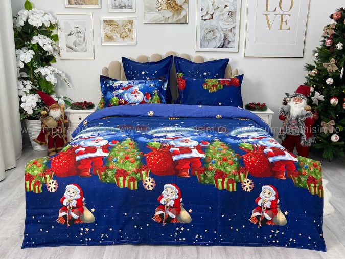 Lenjerie pat dublu, BUMBAC FINET, 6 piese, X-Mass Collection, Jojo Home, Bleumarin-Multicolor, Mos Craciun, brazi, cadouri