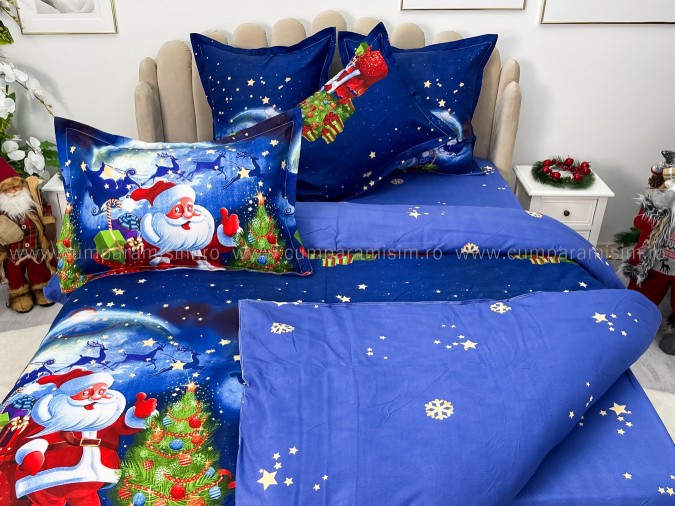 Lenjerie pat dublu, BUMBAC FINET, 6 piese, X-Mass Collection, Jojo Home, Bleumarin-Multicolor, Mos Craciun, brazi, cadouri