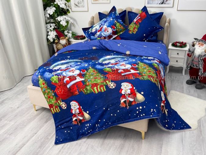 Lenjerie pat dublu, BUMBAC FINET, 6 piese, X-Mass Collection, Jojo Home, Bleumarin-Multicolor, Mos Craciun, brazi, cadouri