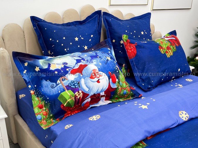 Lenjerie pat dublu, BUMBAC FINET, 6 piese, X-Mass Collection, Jojo Home, Bleumarin-Multicolor, Mos Craciun, brazi, cadouri