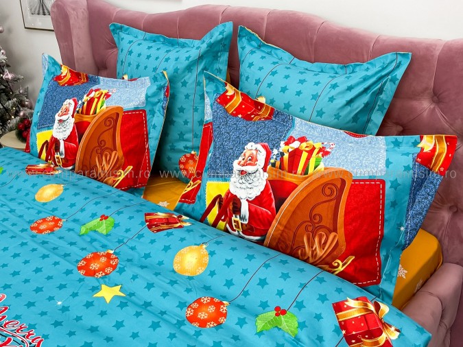 Lenjerie pat dublu, BUMBAC FINET, 6 piese, X-Mass Collection, Jojo Home, Bleu-Multicolor, sania lui Mos Craciun