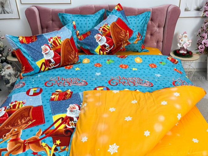 Lenjerie pat dublu, BUMBAC FINET, 6 piese, X-Mass Collection, Jojo Home, Bleu-Multicolor, sania lui Mos Craciun