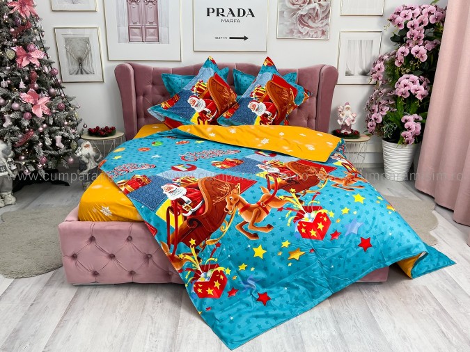 Lenjerie pat dublu, BUMBAC FINET, 6 piese, X-Mass Collection, Jojo Home, Bleu-Multicolor, sania lui Mos Craciun