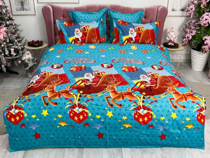 Lenjerie pat dublu, BUMBAC FINET, 6 piese, X-Mass Collection, Jojo Home, Bleu-Multicolor, sania lui Mos Craciun