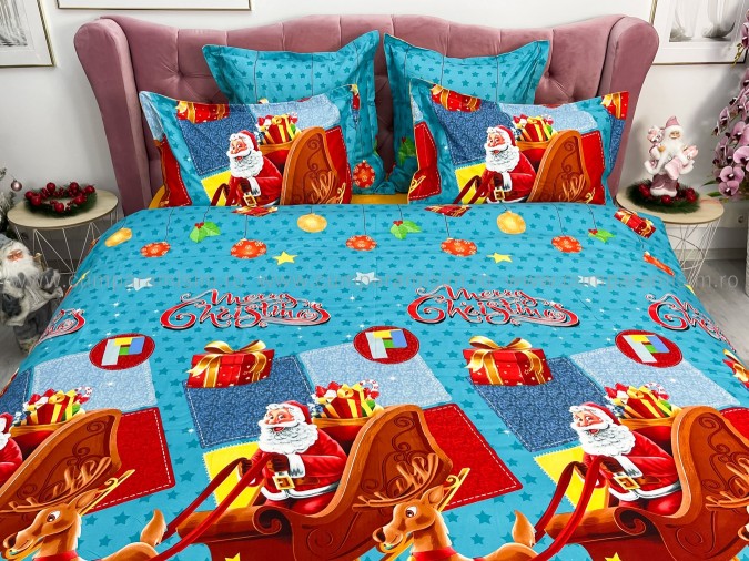 Lenjerie pat dublu, BUMBAC FINET, 6 piese, X-Mass Collection, Jojo Home, Bleu-Multicolor, sania lui Mos Craciun