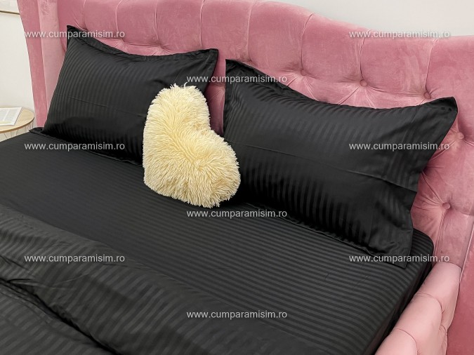 Lenjerie HoReCa, pat dublu, Damasc Finetat Deluxe cu Elastic, 4 piese, Negru