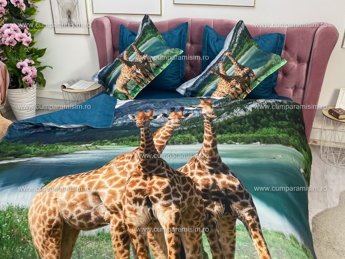 Lenjerie pat dublu, Ralex Pucioasa, 6 piese, Bumbac Finet, imprimeu 3D, IDENTIC CU POZA, Verde, girafe