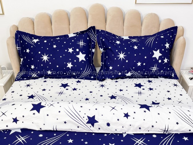 Lenjerie pat dublu cu două feţe, 4 piese, Bumbac Satinat Superior, Albastru, stelute