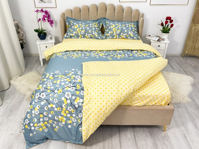 Lenjerie pat dublu cu două feţe, 4 piese, Bumbac Satinat Superior, Albastru, floricele