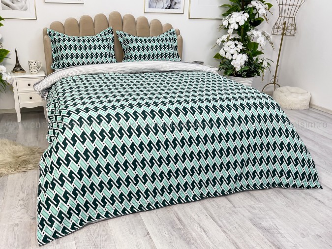 PACHET PROMO COMPLET: Lenjerie pat dublu cu doua feţe, 4 piese, Bumbac Satinat Superior, Verde, abstract