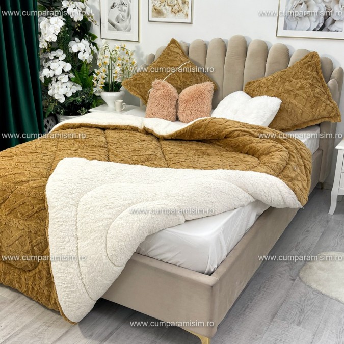 Pilota CoCoLiNo Sherpa tip Tricotaj cu blanita, matlasata, 200x230cm, camel