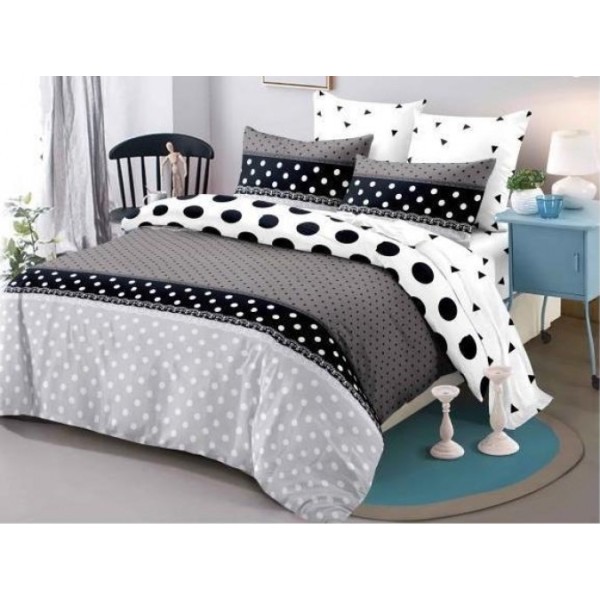 Lenjerie Pat Dublu,  FINET, 6 piese, Alb, Negru, Buline [1]