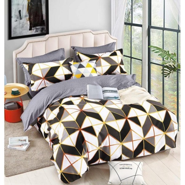 Lenjerie pat dublu (140x200cm, 160x200cm, 180x200cm), FINET Satinat, 6 piese, Gri, Crem, forme geometrice [1]