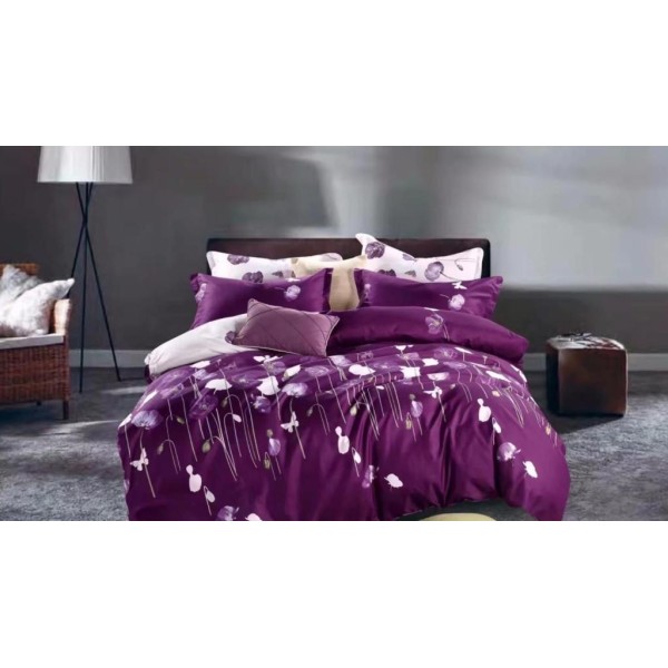 Lenjerie pat dublu,  FINET, 6 piese, Mov, flori [1]