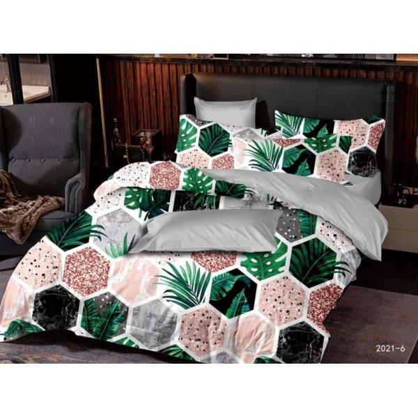 Lenjerie pat dublu (140x200cm, 160x200cm, 180x200cm), FINET Satinat, 6 piese, Verde, frunze, hexangon [1]