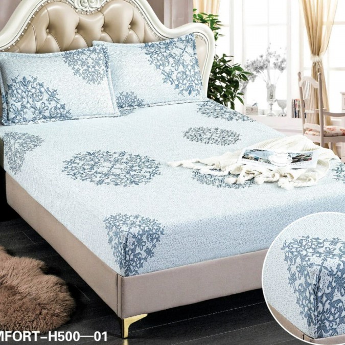 Set Cearsaf cu Elastic  180x200cm + 2 fete de perna  50x70cm  3 Piese  Tercot - Confort și Eleganță în Broderii si Culori Pastelate  Bleu