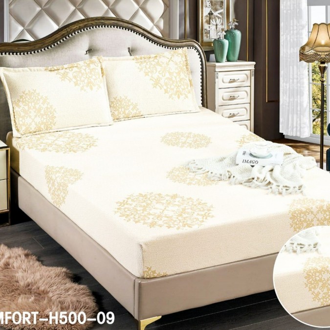 Set Cearsaf cu Elastic  180x200cm + 2 fete de perna  50x70cm  3 Piese  Tercot - Confort și Eleganță în Broderii si Culori Pastelate  Crem