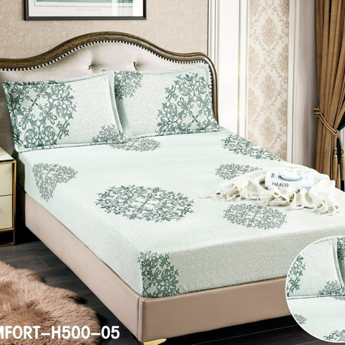 Set Cearsaf cu Elastic  180x200cm + 2 fete de perna  50x70cm  3 Piese  Tercot - Confort și Eleganță în Broderii si Culori Pastelate  Verde