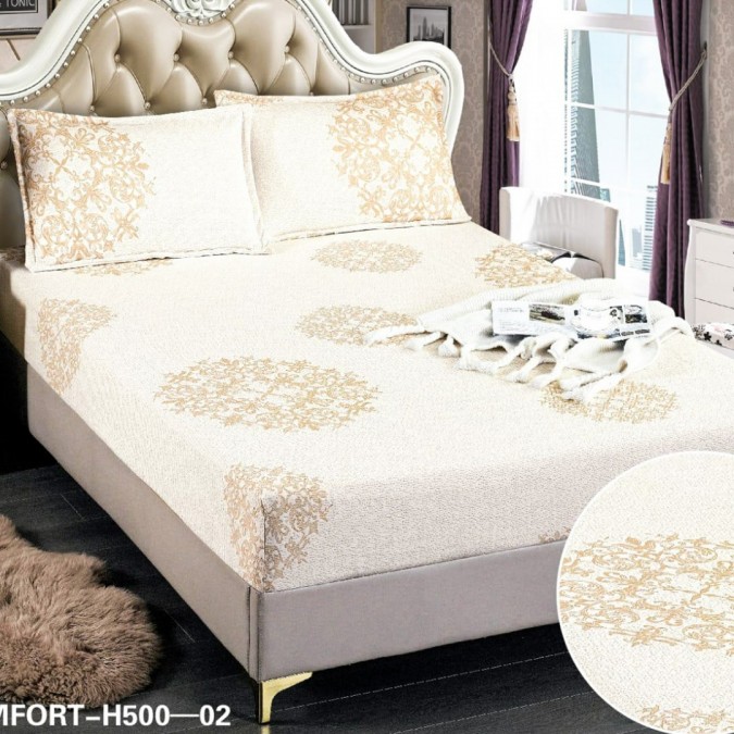 Set Cearsaf cu Elastic, 180x200cm + 2 fete de perna, 50x70cm, 3 Piese, Tercot - Confort și Eleganță în Broderii si Culori Pastelate, Bej deschis