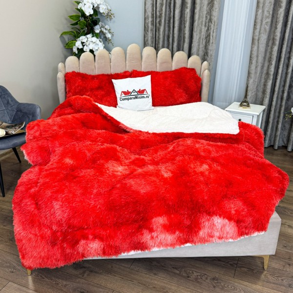  Pilota CoCoLiNo Fluffy, cu Blanita tip Sherpa, Alba, 200x230cm + 2 fete de perna 50x70cm, matlasata, Rosu, degrade [1]