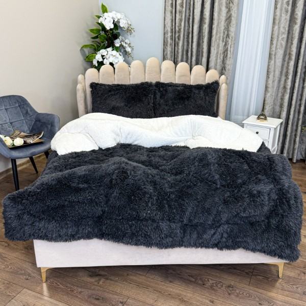  Pilota CoCoLiNo Fluffy, cu Blanita tip Sherpa, Alba, 200x230cm + 2 fete de perna 50x70cm, matlasata, Gri antracit  [1]