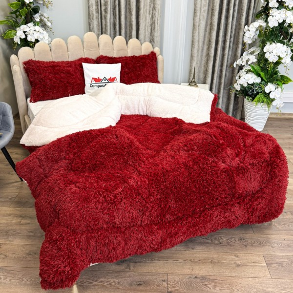  Pilota CoCoLiNo Fluffy, cu Blanita tip Sherpa, Alba, 200x230cm + 2 fete de perna 50x70cm, matlasata, Visiniu [1]