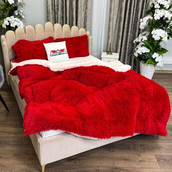  Pilota CoCoLiNo Fluffy, cu Blanita tip Sherpa, Alba, 200x230cm + 2 fete de perna 50x70cm, matlasata, Rosu [1]
