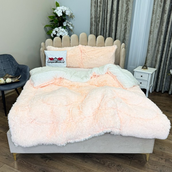  Pilota CoCoLiNo Fluffy, cu Blanita tip Sherpa, Alba, 200x230cm + 2 fete de perna 50x70cm, matlasata, Somon [1]