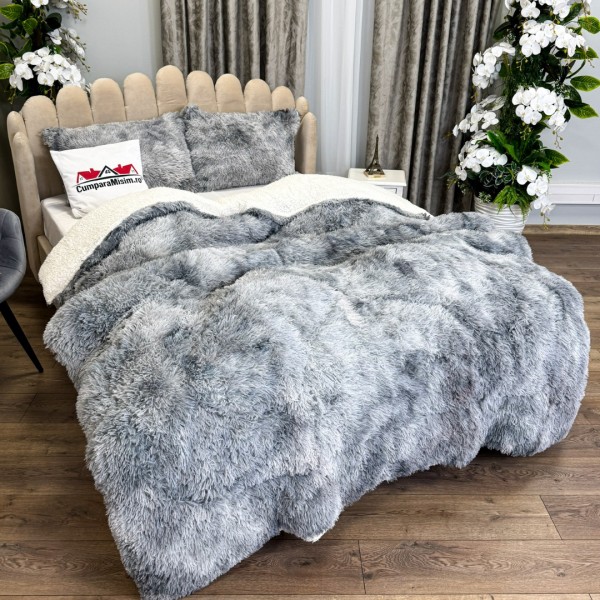  Pilota CoCoLiNo Fluffy, cu Blanita tip Sherpa, Alba, 200x230cm + 2 fete de perna 50x70cm, matlasata, Gri, Alb, degrade [1]