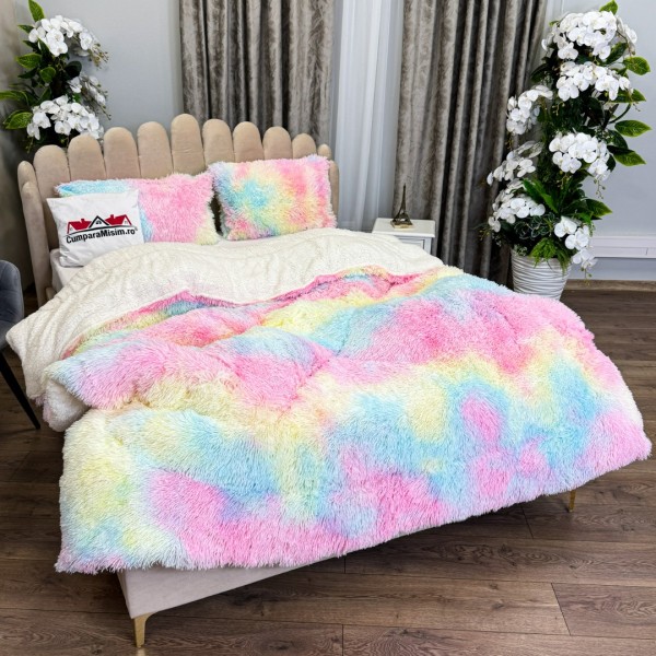  Pilota CoCoLiNo Fluffy, cu Blanita tip Sherpa, Alba, 200x230cm + 2 fete de perna 50x70cm, matlasata, Roz, multicolor [1]
