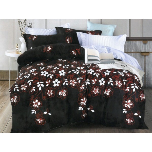 Lenjerie pat dublu,  FINET, 6 piese, Negru, flori [1]
