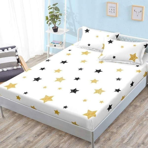 Cearșaf cu Elastic, Bumbac Satinat, 180x200 cm + 2 Fețe de Pernă 50x70 cm, Alb, Stelute [1]