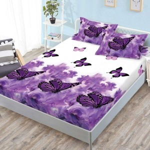 Cearsaf cu elastic, FINET, 180x200cm, 2 fete de perne 50x70cm, Mov, fluturi