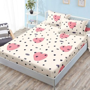 Cearsaf cu elastic, FINET, 180x200cm, 2 fete de perne 50x70cm, Crem, Roz, Inimioare