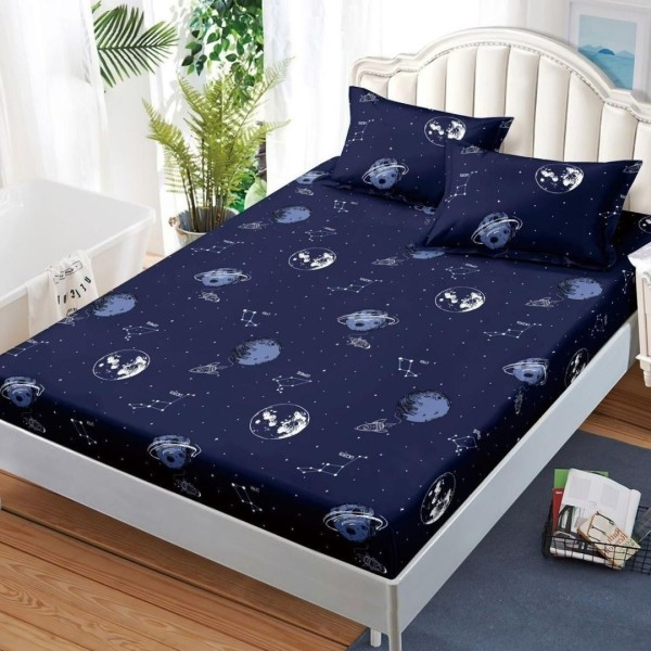 Cearșaf cu Elastic, Bumbac Satinat, 180x200 cm + 2 Fețe de Pernă 50x70 cm, Bleumarin, Planete [1]