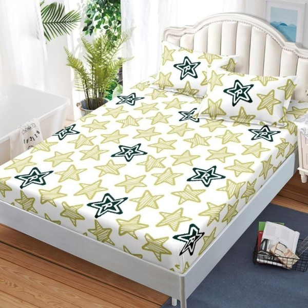 Cearșaf cu Elastic, Bumbac Satinat, 180x200 cm + 2 Fețe de Pernă 50x70 cm, Crem, Stelute [1]