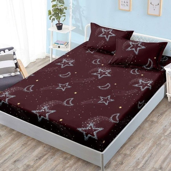 Cearșaf cu Elastic, Bumbac Satinat, 180x200 cm + 2 Fețe de Pernă 50x70 cm, Grena, Stelute [1]