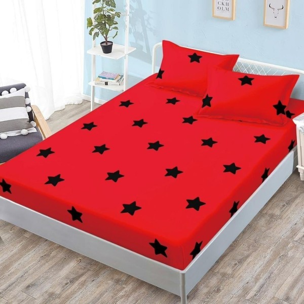 Cearșaf cu Elastic, Bumbac Satinat, 180x200 cm + 2 Fețe de Pernă 50x70 cm, Rosu, Stelute [1]