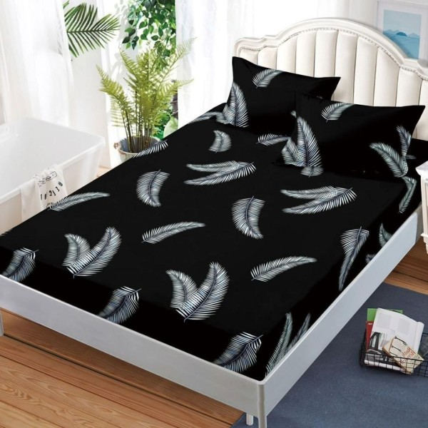 Cearșaf cu Elastic, Bumbac Satinat, 180x200 cm + 2 Fețe de Pernă 50x70 cm, Negru, Pene [1]