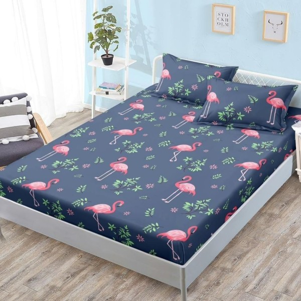 Cearșaf cu Elastic, Bumbac Satinat, 180x200 cm + 2 Fețe de Pernă 50x70 cm, Bleumarin, Flamingo [1]
