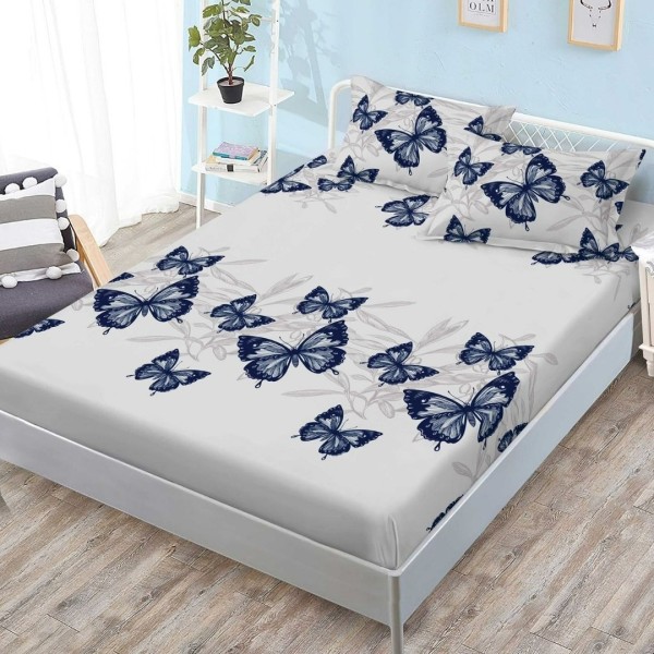 Cearsaf cu elastic, FINET, 180x200cm, 2 fete de perne 50x70cm, Gri, Albastru, Fluturi [1]