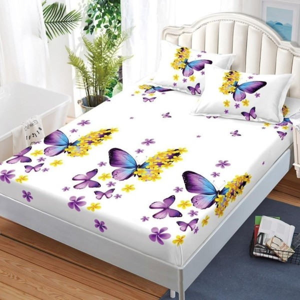 Cearșaf cu Elastic, Bumbac Satinat, 180x200 cm + 2 Fețe de Pernă 50x70 cm, Alb, Mov, Fluturi [1]
