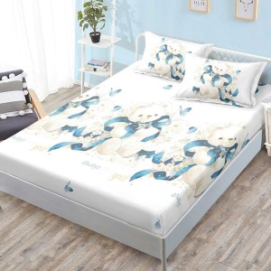 Cearsaf cu elastic, FINET, 180x200cm, 2 fete de perne 50x70cm, Alb, Ursuleti